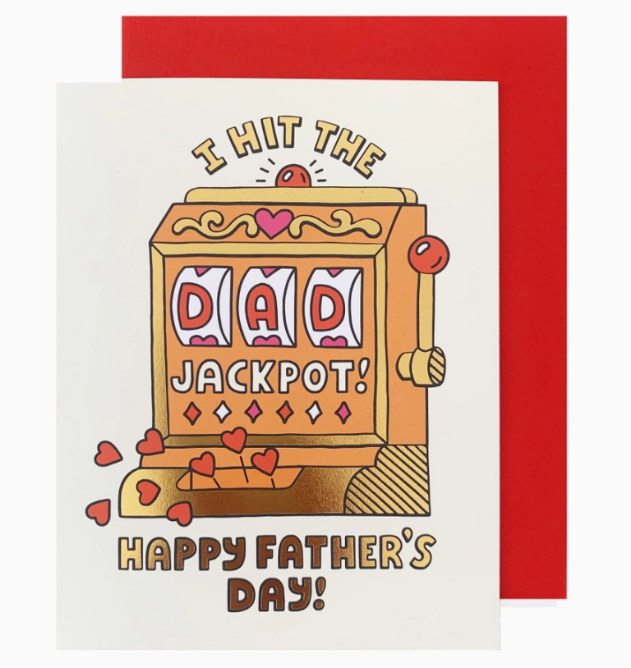 Red and gold Father’s Day card with slot machine Happy Father’s Day theme from Parte Haus party supply store in Bethesda Maryland