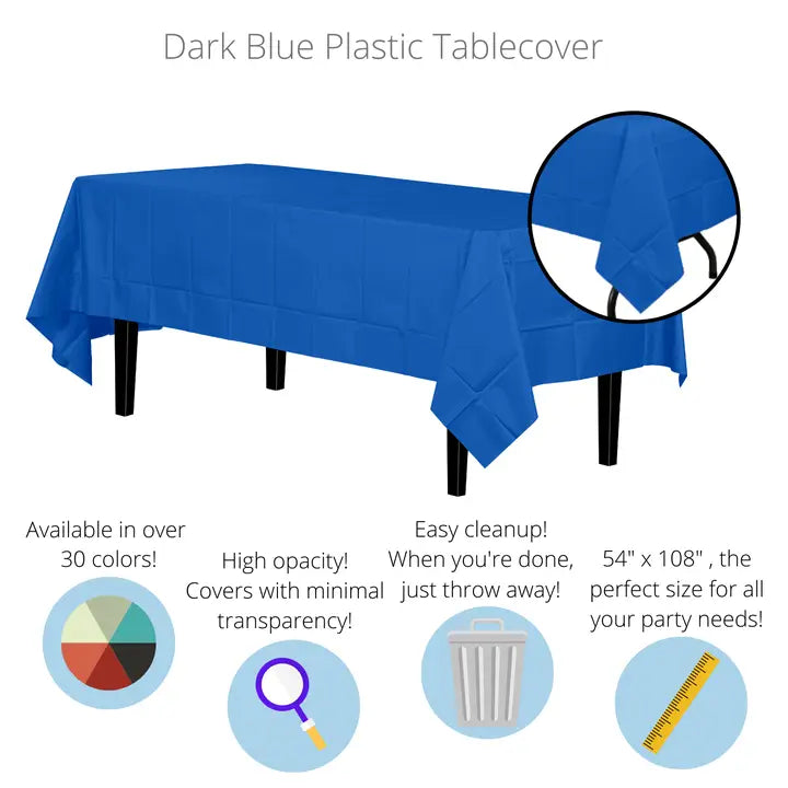 Dark blue plastic tablecloth covering rectangular table for celebrations from Parte Haus party supply store in Bethesda MD