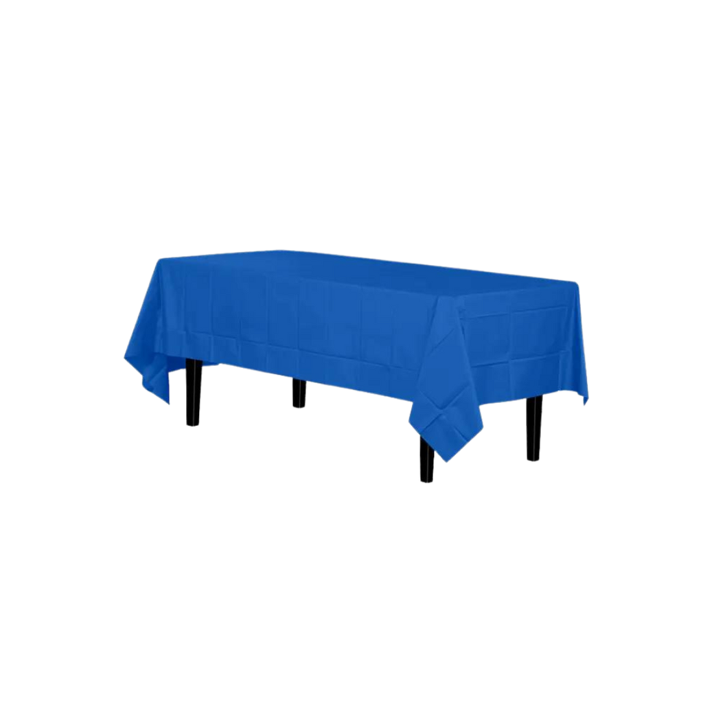 Dark blue plastic tablecloth covering a rectangular table for celebrations from Parte Haus party supply store in Bethesda MD