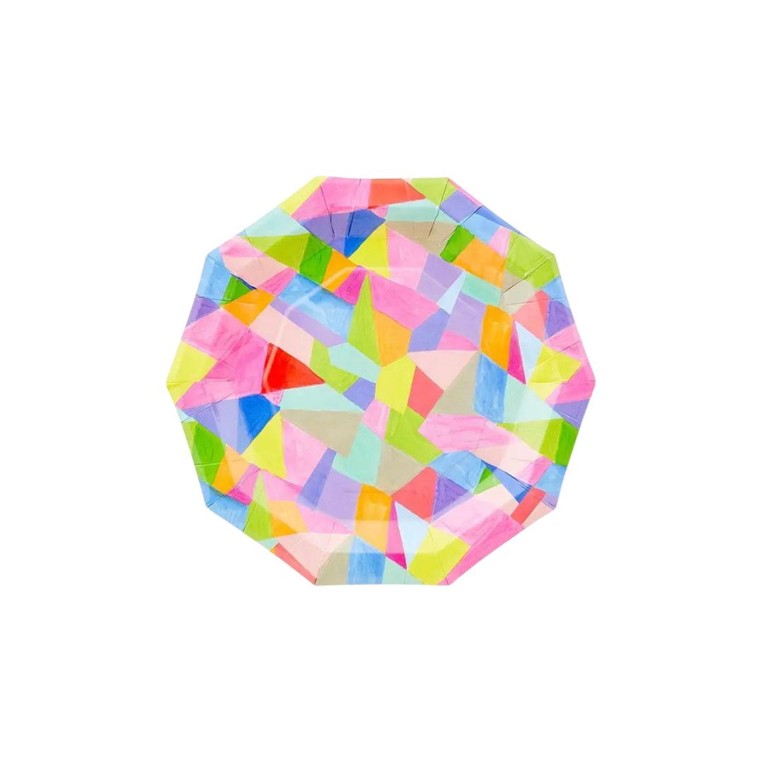 Multicolor decagon paper plate with geometric shapes for birthday celebrations from Parte Haus party supply store in Bethesda MD.