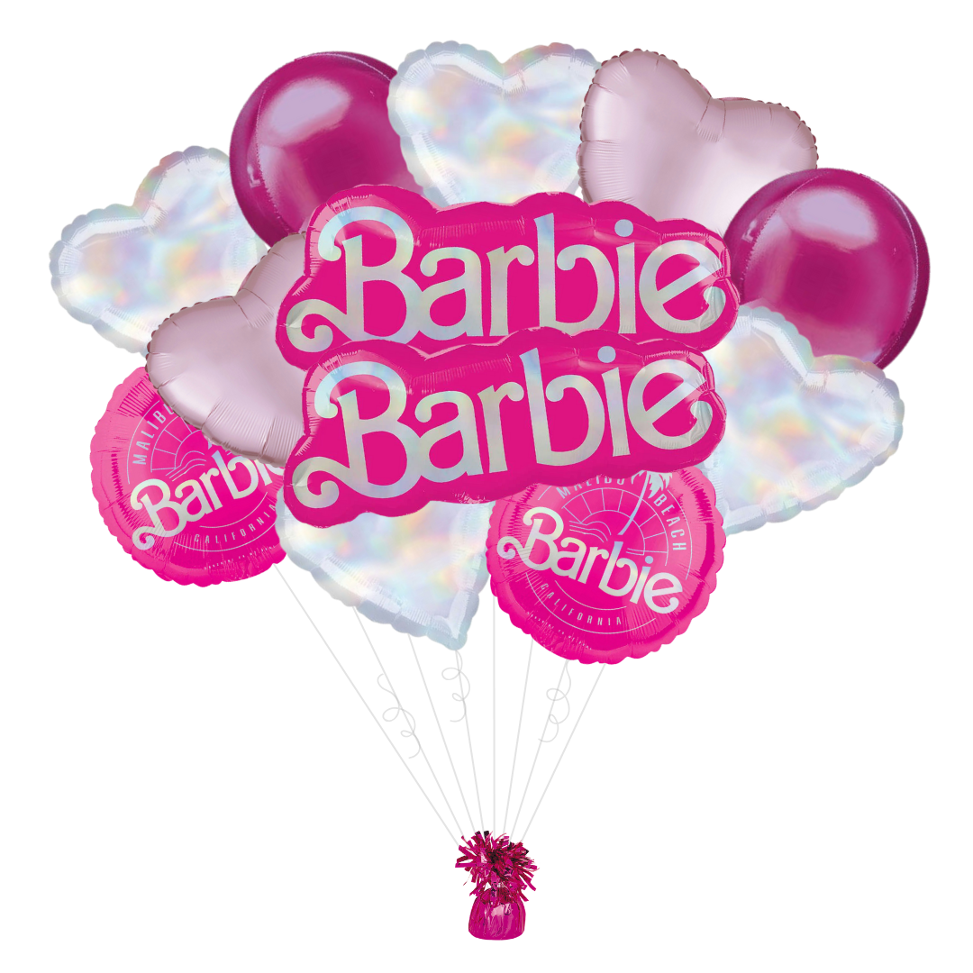 Pink deluxe Barbie foil balloon bouquet with hearts for birthday from Parte Haus party supply store in Bethesda Maryland