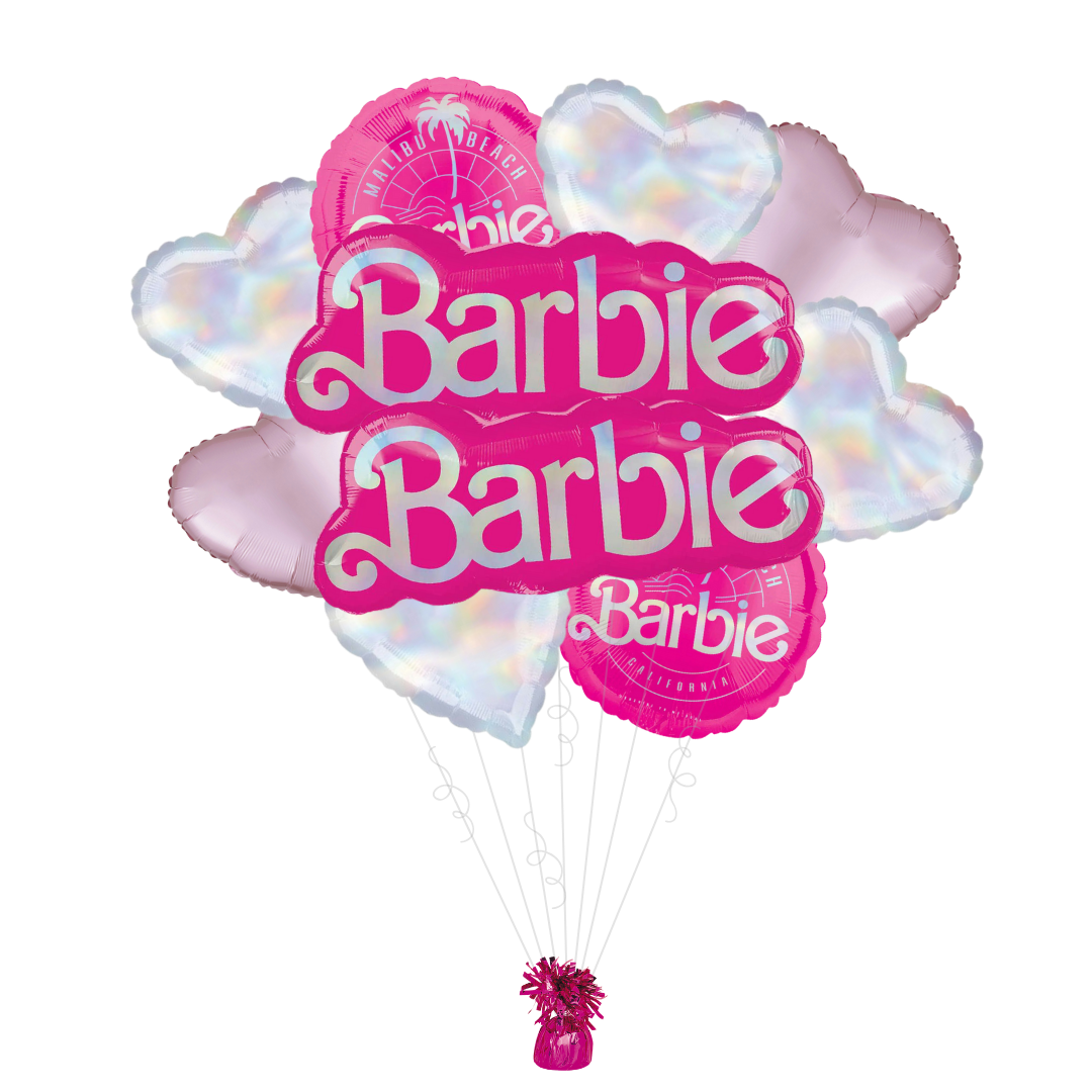 Pink Barbie foil balloon bouquet with heart shapes birthday theme from Parte Haus party supply store in Bethesda MD