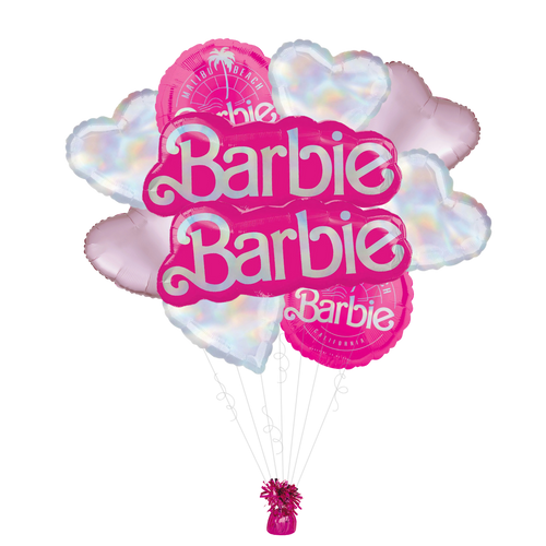 Pink Barbie foil balloon bouquet with heart shapes birthday theme from Parte Haus party supply store in Bethesda MD