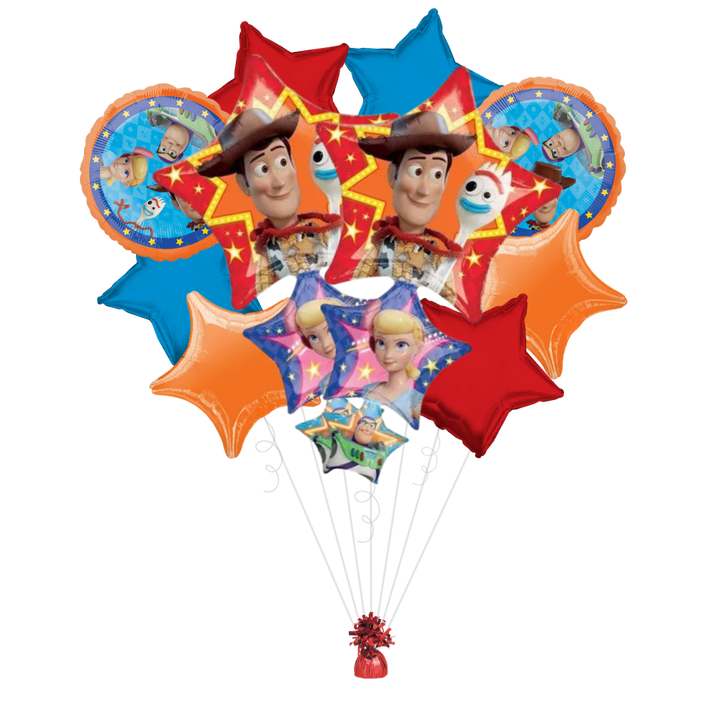 Colorful foil Toy Story 4 balloon bouquet with character faces for birthday theme from Parte Haus party supply store in Bethesda Maryland