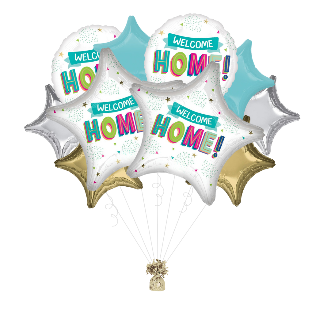 Colorful foil balloon bouquet with Welcome Home text for homecoming decor from Parte Haus party supply store in Bethesda MD.