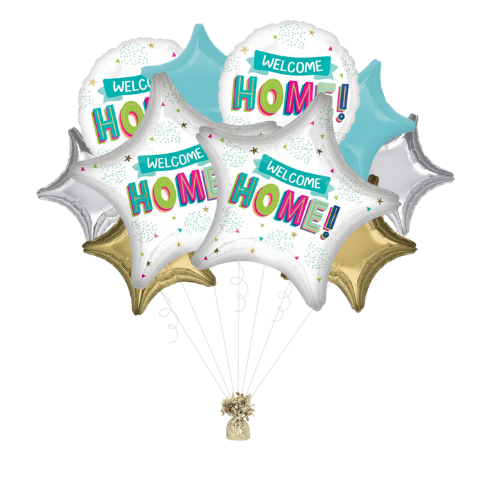 Colorful foil balloon bouquet with Welcome Home text for homecoming decor from Parte Haus party supply store in Bethesda MD.