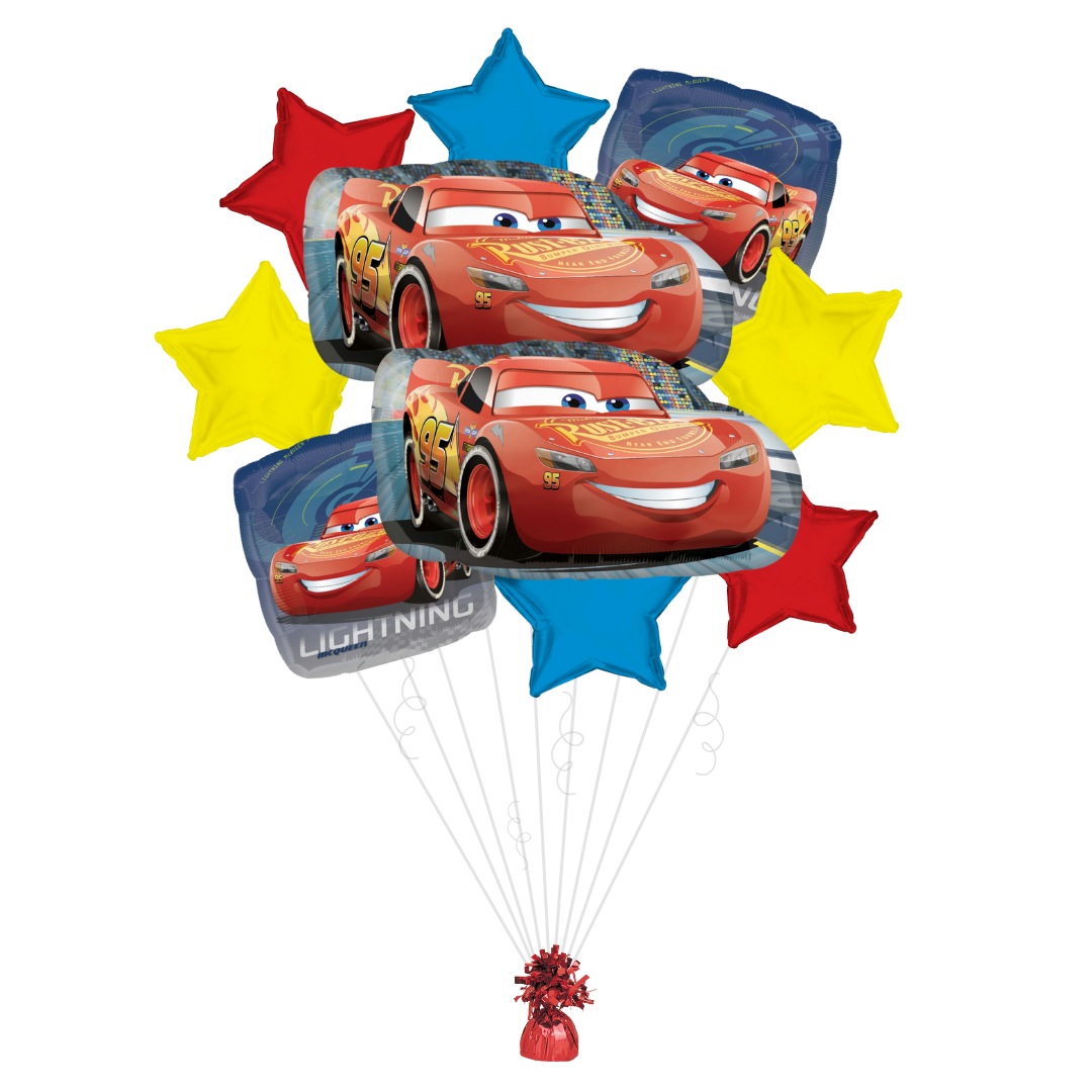 Red blue yellow Cars 3 foil balloon bouquet with Lightning McQueen design kids birthday from Parte Haus party supply store in Bethesda Maryland