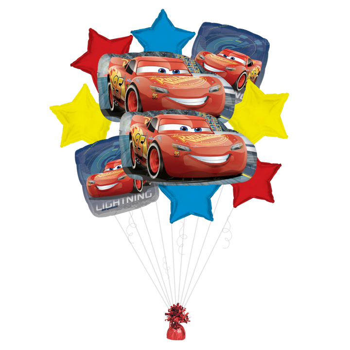 Red blue yellow Cars 3 foil balloon bouquet with Lightning McQueen design kids birthday from Parte Haus party supply store in Bethesda Maryland