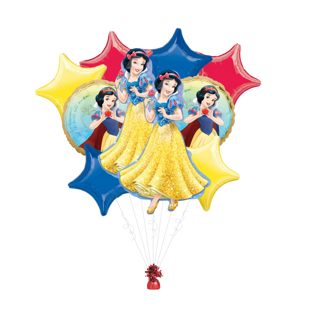 Red blue yellow Snow White balloon bouquet with princess art for birthday from Parte Haus party supply store in Bethesda MD