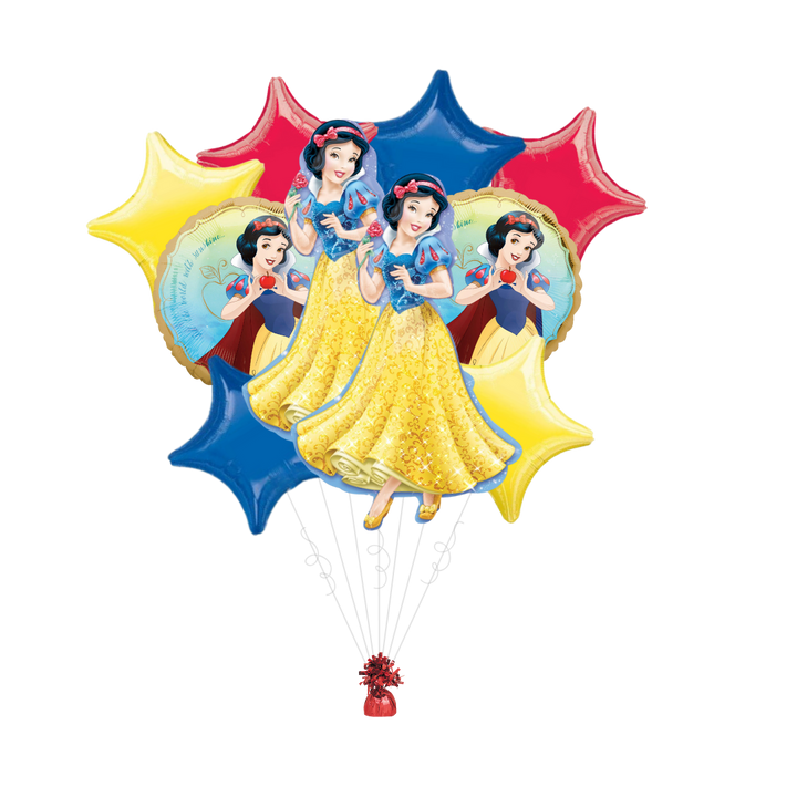 Red blue yellow Snow White balloon bouquet with princess art for birthday from Parte Haus party supply store in Bethesda MD