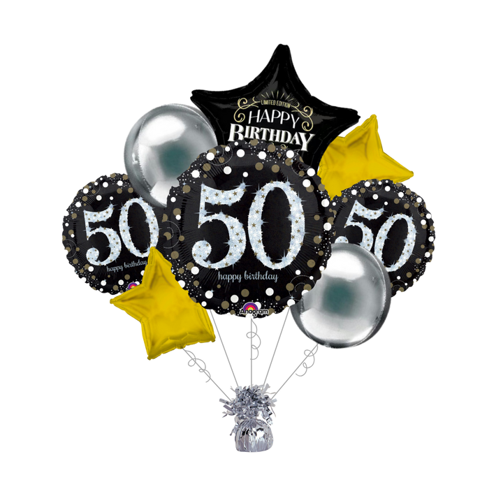 Premium Sparkling Celebration 50th Birthday Foil Balloon Bundle with Balloon Weight