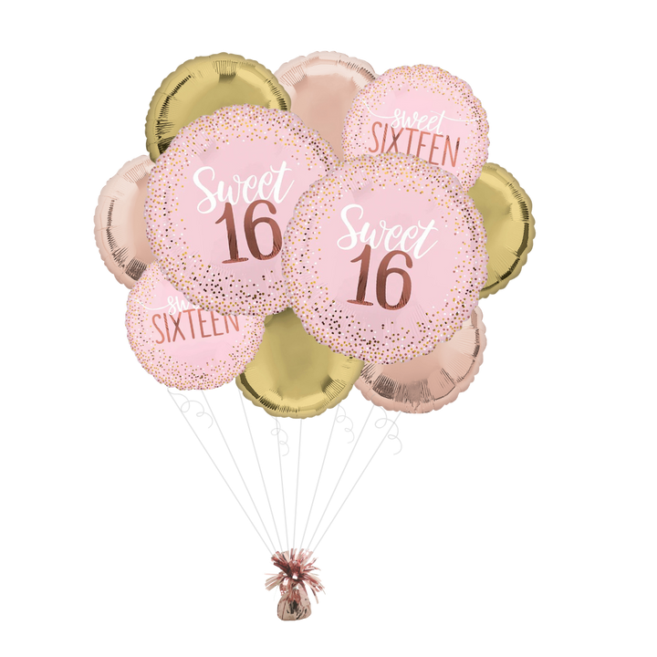Blush Pink & Gold Sweet 16 Birthday Foil Balloon Bundle
