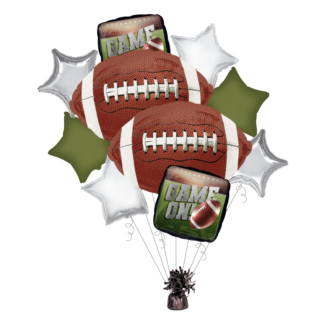 Brown and silver football balloon bouquet with game day theme from Parte Haus party supply store in Bethesda Maryland