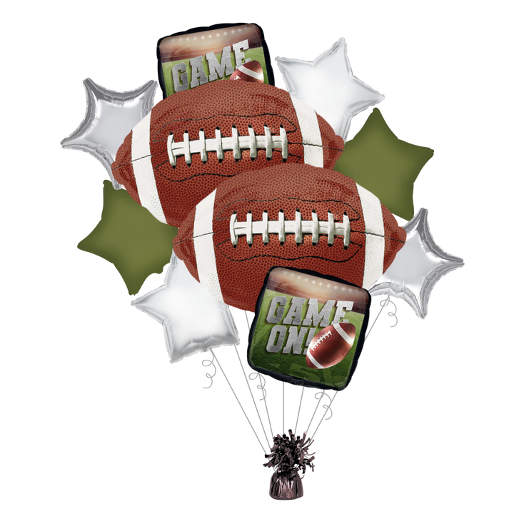 Brown and silver football balloon bouquet with game day theme from Parte Haus party supply store in Bethesda Maryland