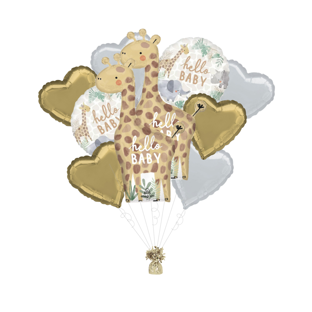Gold and white balloon bundle with giraffes and Hello Baby text jungle baby shower from Parte Haus party supply store in Bethesda MD.