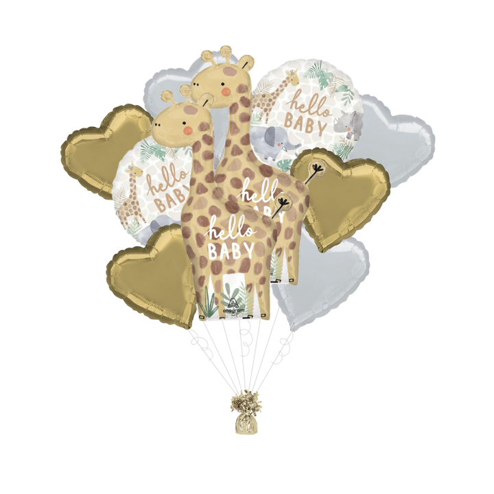 Gold and white balloon bundle with giraffes and Hello Baby text jungle baby shower from Parte Haus party supply store in Bethesda MD.