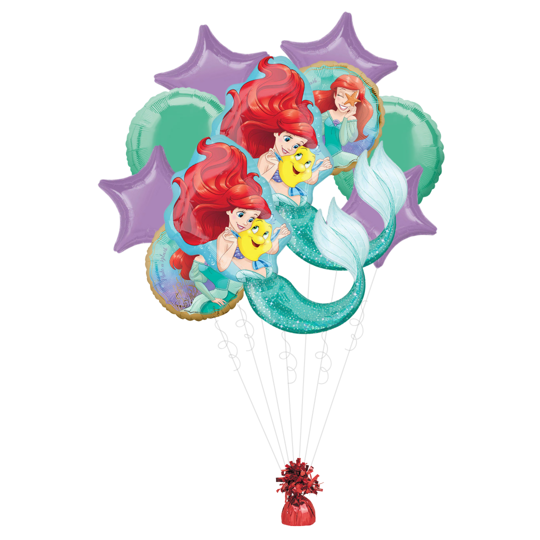 Teal and purple Little Mermaid Ariel balloon bouquet with star shapes birthday theme from Parte Haus party supply store in Bethesda MD