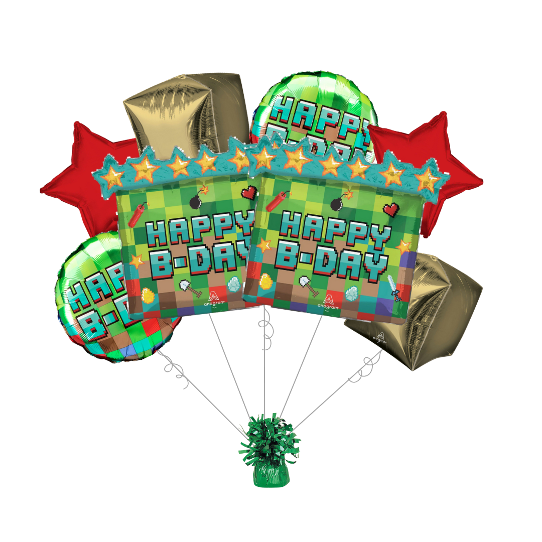 Premium Pixel Party Birthday Foil Balloon Bundle with Balloon Weight