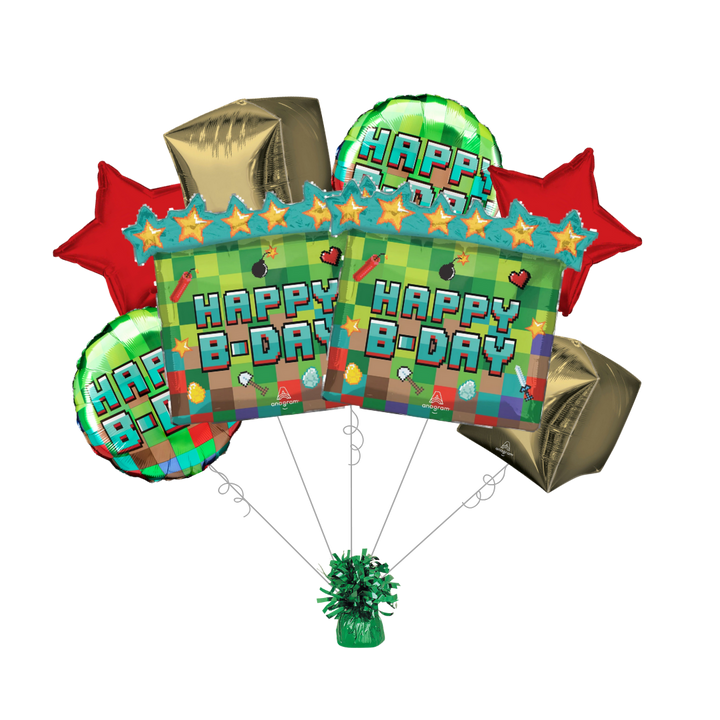 Premium Pixel Party Birthday Foil Balloon Bundle with Balloon Weight
