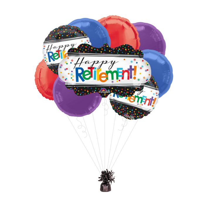 Multicolor retirement balloon bouquet with Happy Retirement text for retirement party from Parte Haus party supply store in Bethesda Maryland.