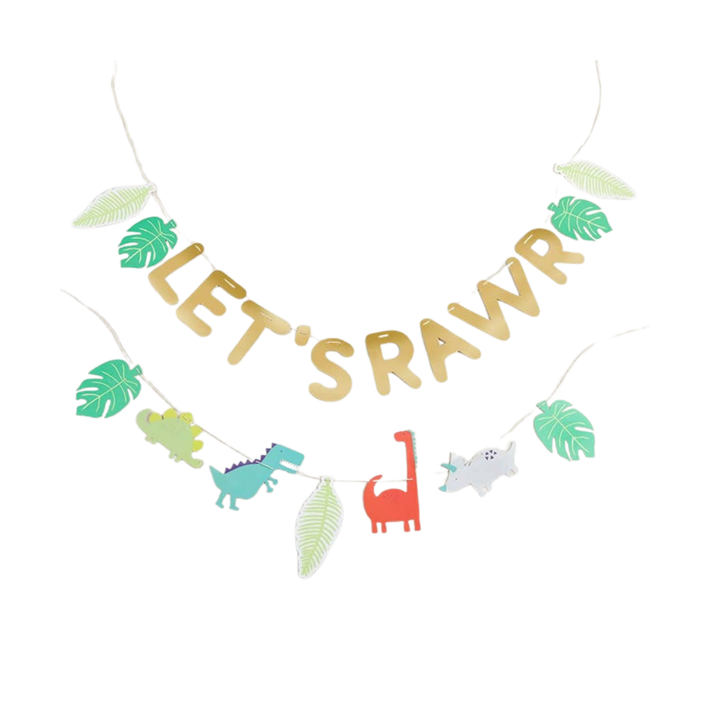 Multicolor dinosaur banner with gold LET'S RAWR letters for dinosaur birthday from Parte Haus party supply store in Bethesda MD