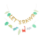 Multicolor dinosaur banner with gold LET'S RAWR letters for dinosaur birthday from Parte Haus party supply store in Bethesda MD