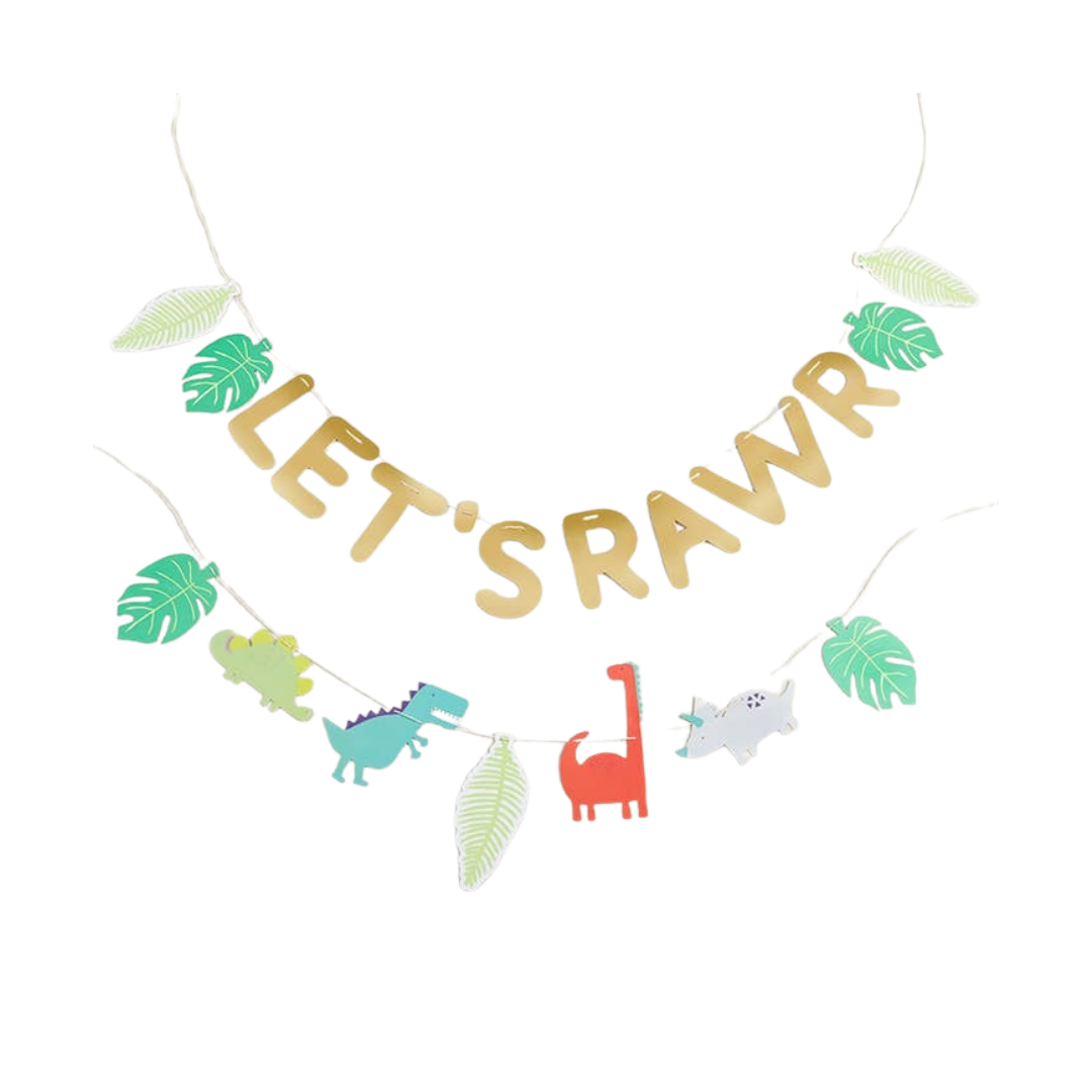 Multicolor dinosaur banner with gold LET'S RAWR letters for dinosaur birthday from Parte Haus party supply store in Bethesda MD