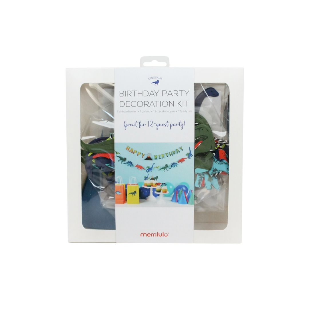 Colorful dinosaur birthday decoration kit with banner and party hats dinosaur party theme from Parte Haus party supply store in Bethesda Maryland