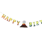 Multicolor Happy Birthday banner with volcano dinosaur theme from Parte Haus party supply store in Bethesda MD