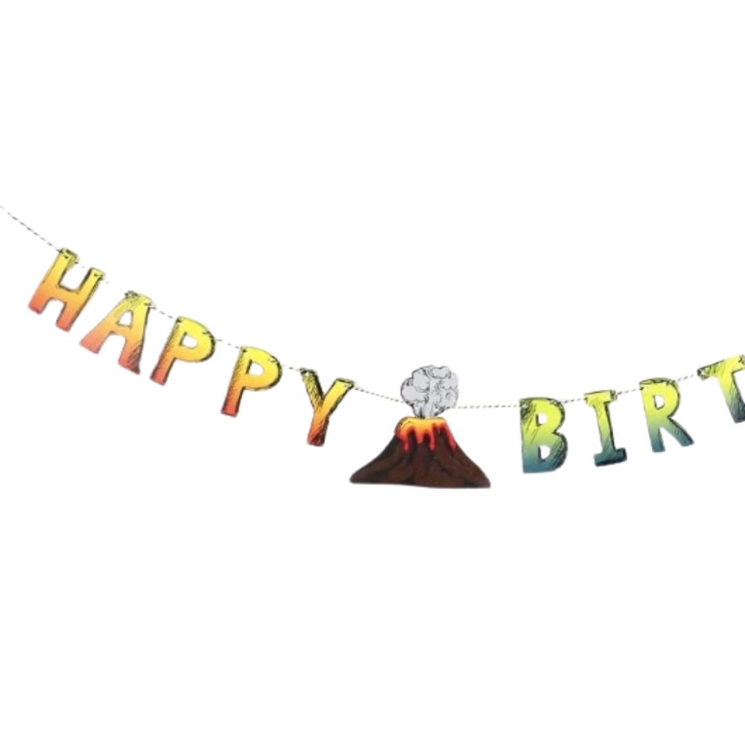 Multicolor Happy Birthday banner with volcano dinosaur theme from Parte Haus party supply store in Bethesda MD