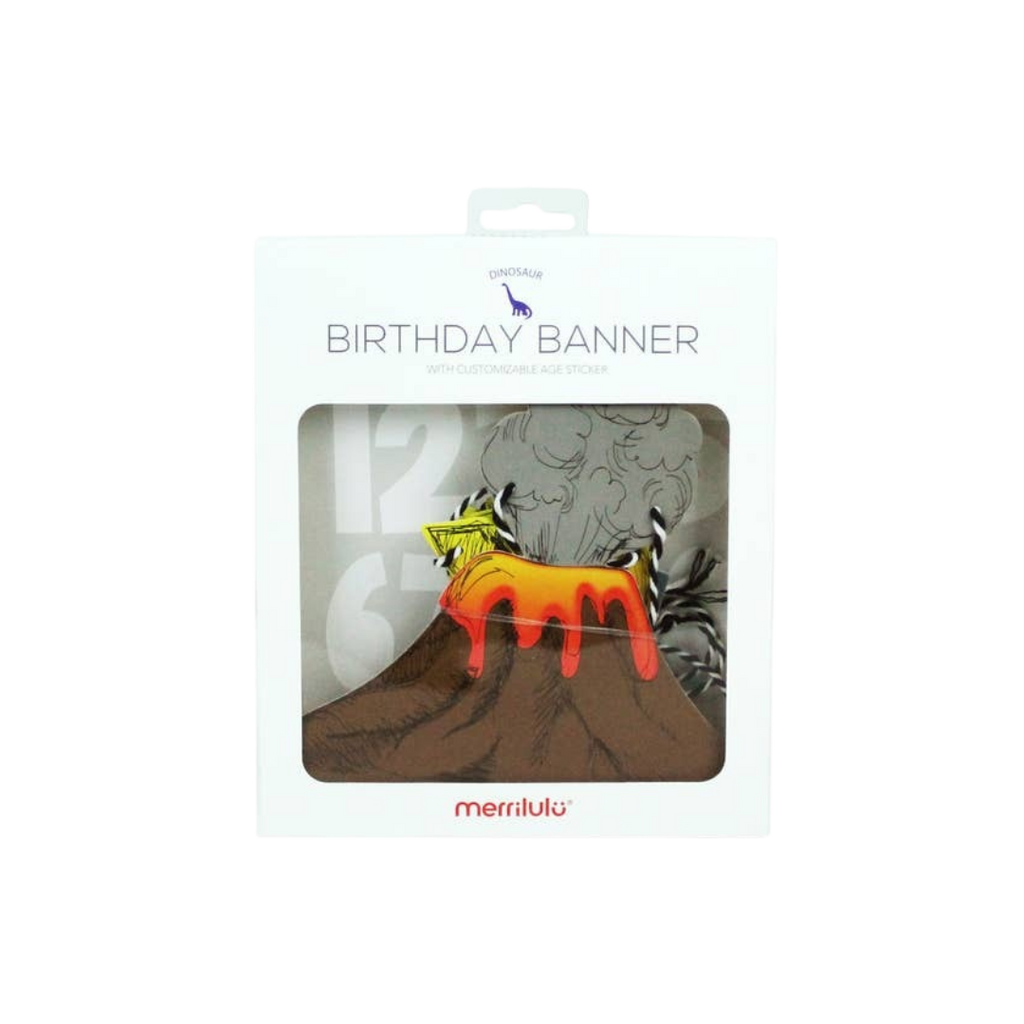 Multicolor dinosaur birthday banner with volcano design dinosaur theme from Parte Haus party supply store in Bethesda Maryland