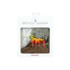 Multicolor dinosaur birthday banner with volcano design dinosaur theme from Parte Haus party supply store in Bethesda Maryland