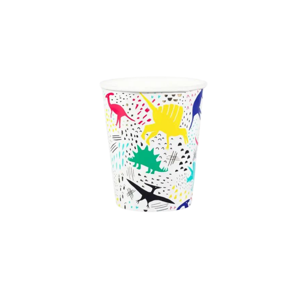 Colorful dinosaur paper cup with cartoon dinosaur graphics for kids birthday from Parte Haus party supply store in Bethesda MD