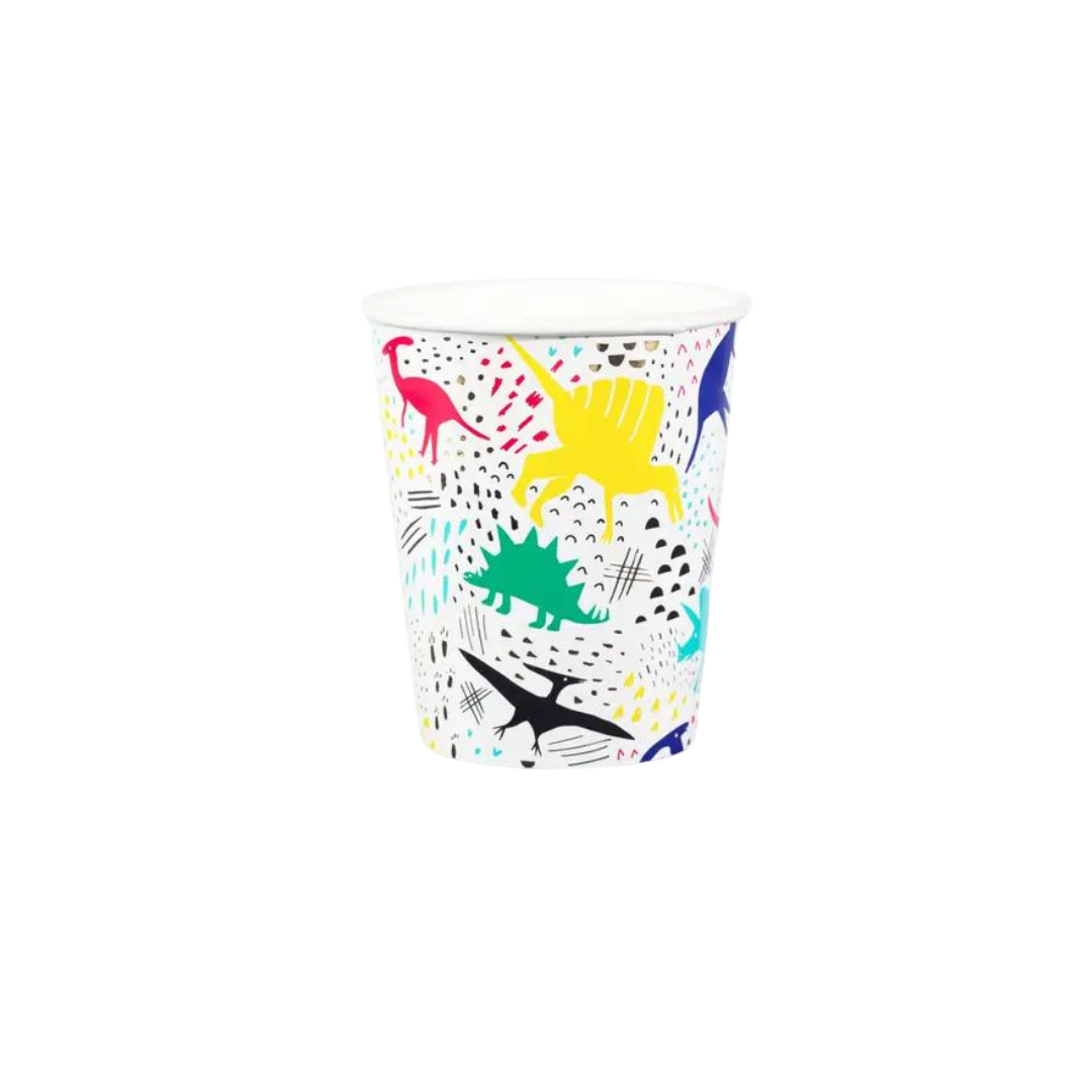 Colorful dinosaur paper cup with cartoon dinosaur graphics for kids birthday from Parte Haus party supply store in Bethesda MD