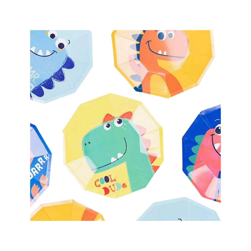 multicolor dinosaur paper plates with cartoon dinosaurs birthday theme from Parte Haus party supply store in Bethesda MD