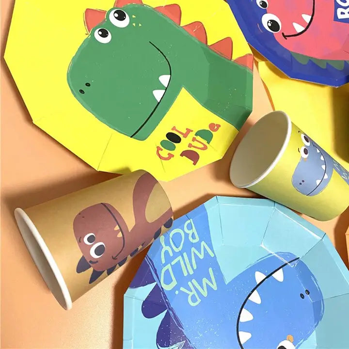 Colorful dinosaur paper plates and cups kids birthday theme from Parte Haus party supply store in Bethesda MD