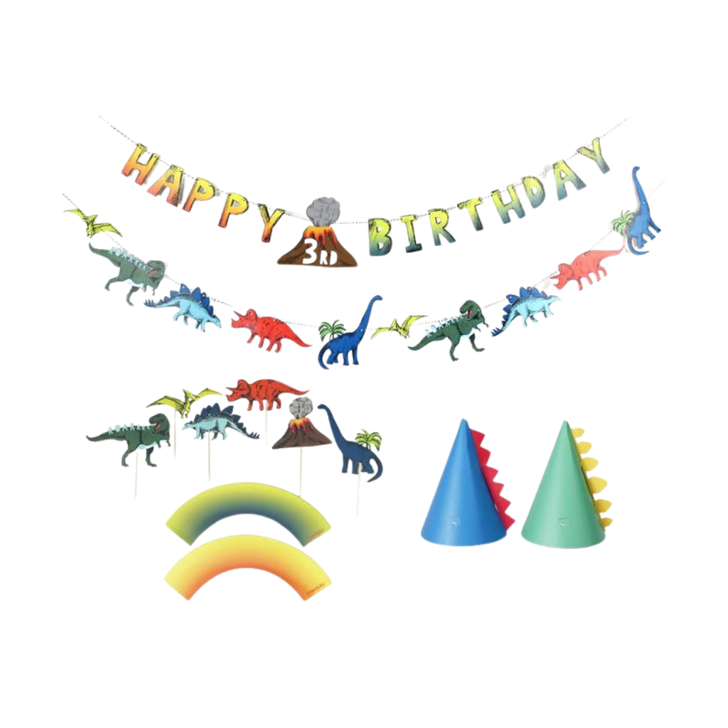 Colorful dinosaur birthday decoration kit with hats and banners dinosaur theme from Parte Haus party supply store in Bethesda MD