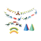 Colorful dinosaur birthday decoration kit with hats and banners dinosaur theme from Parte Haus party supply store in Bethesda MD