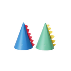 Blue and green dinosaur party hats with spikes for kids birthday from Parte Haus party supply store in Bethesda MD