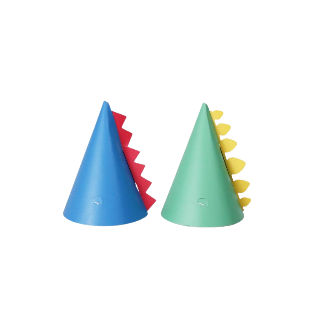 Blue and green dinosaur party hats with spikes for kids birthday from Parte Haus party supply store in Bethesda MD