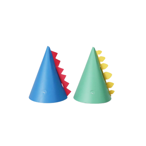 Blue and green dinosaur party hats with spikes for kids birthday from Parte Haus party supply store in Bethesda MD