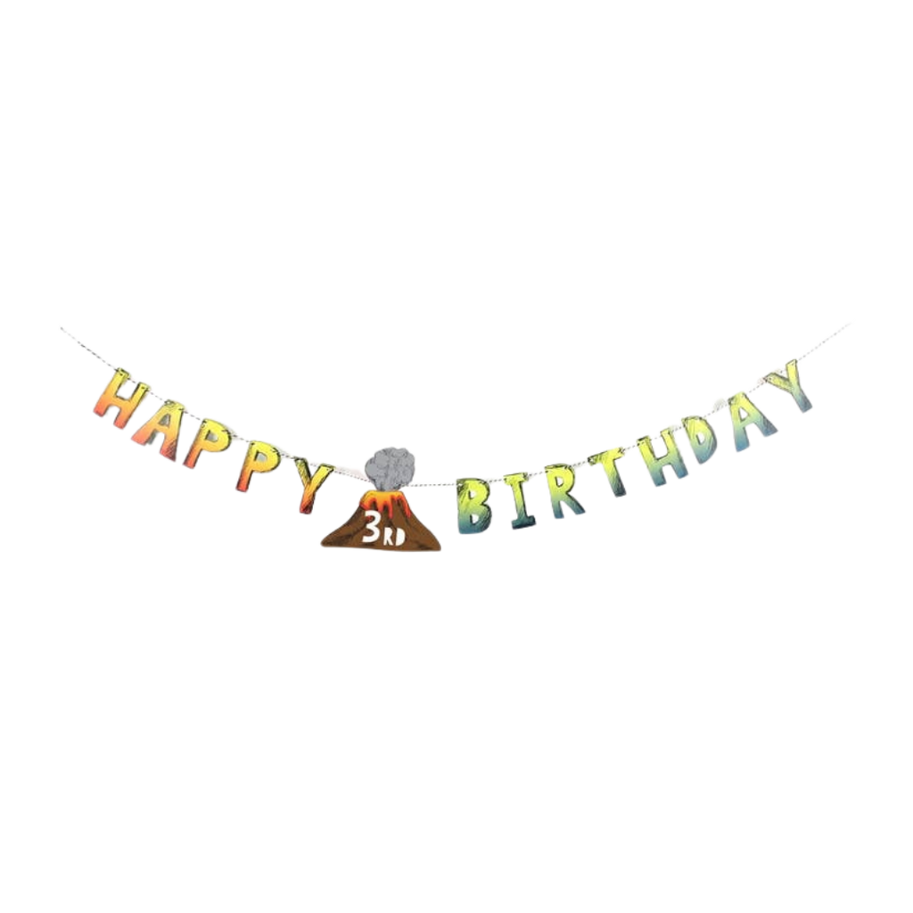 multicolor dinosaur birthday banner with volcano for kids dinosaur party from Parte Haus party supply store in Bethesda MD