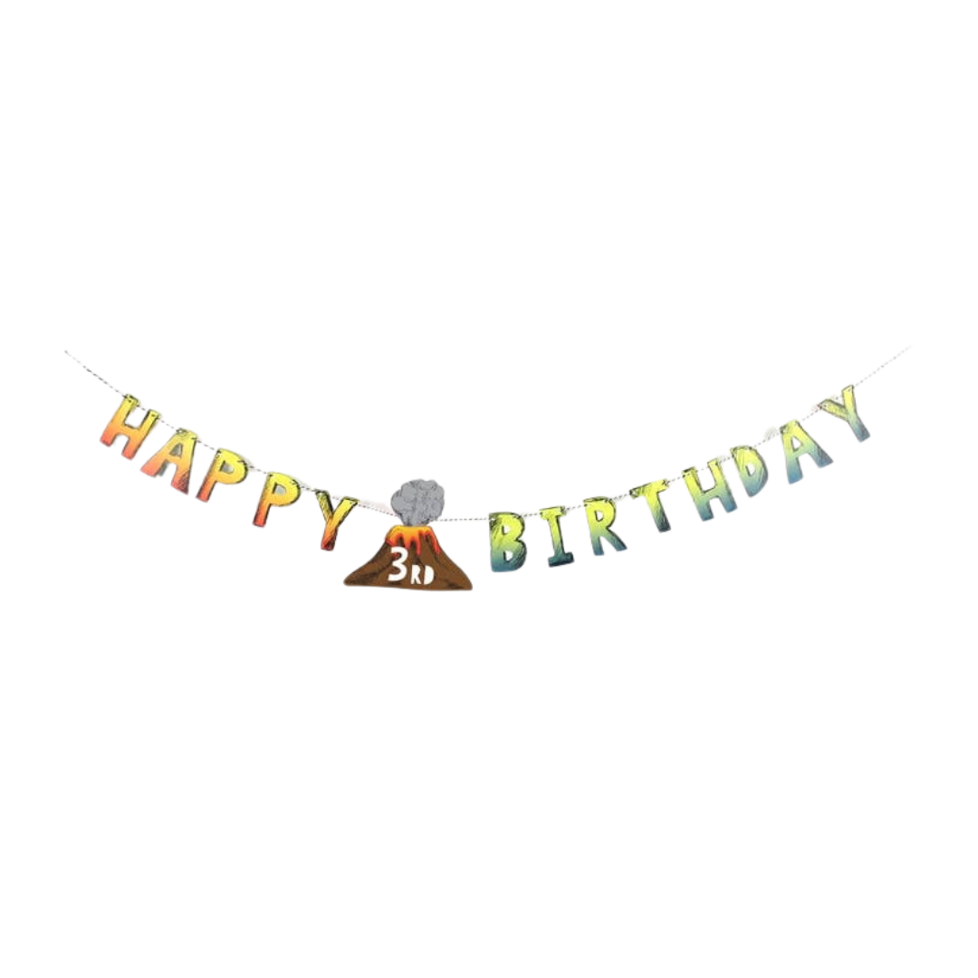 multicolor dinosaur birthday banner with volcano for kids dinosaur party from Parte Haus party supply store in Bethesda MD