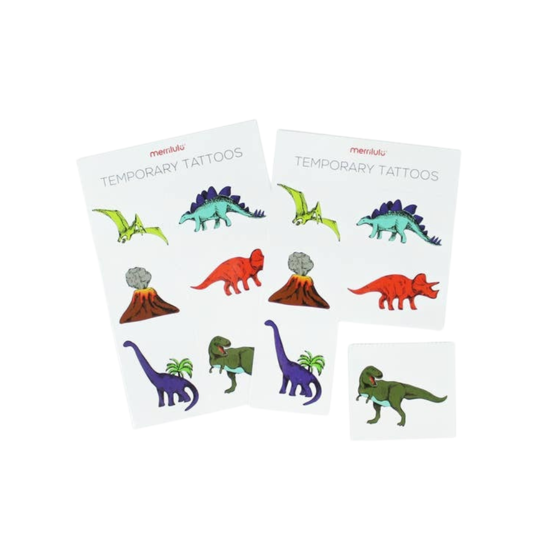 Colorful dinosaur temporary tattoos with volcanoes for kids dinosaur theme from Parte Haus party supply store in Bethesda MD