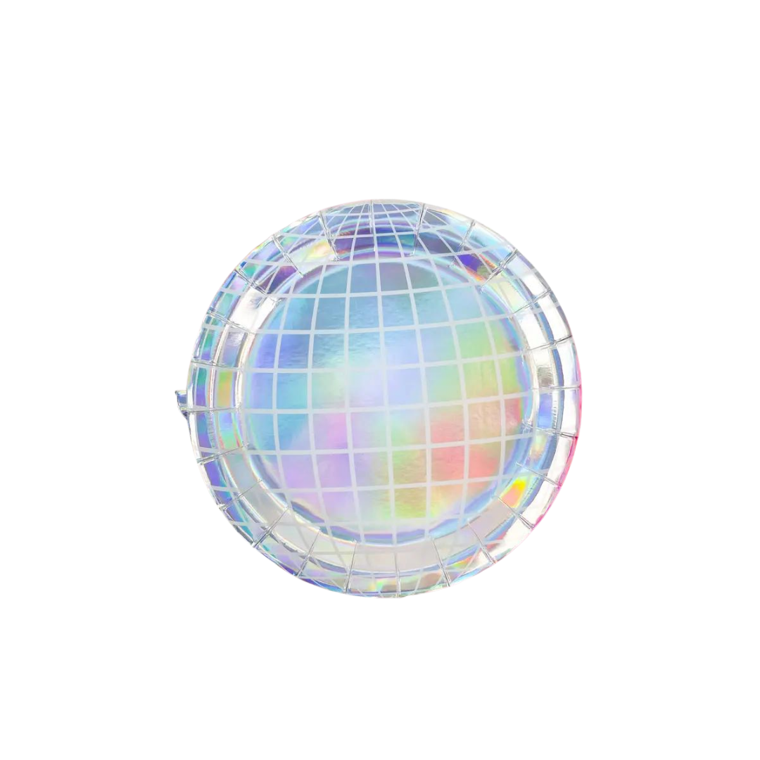 Iridescent disco ball paper plate with grid design disco theme from Parte Haus party supply store in Bethesda MD