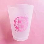 Pink disco ball frosted cup for birthday celebration from Parte Haus party supply store in Bethesda MD