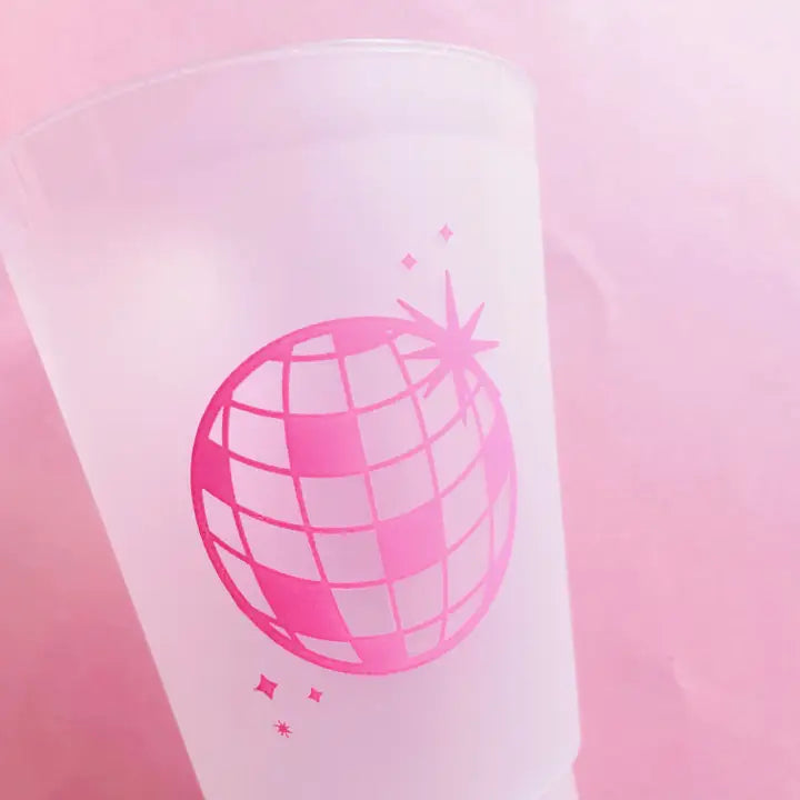 Pink disco ball frosted cup with graphic for birthday or dance from Parte Haus party supply store in Bethesda MD