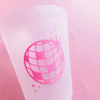 Pink disco ball frosted cup with graphic for birthday or dance from Parte Haus party supply store in Bethesda MD