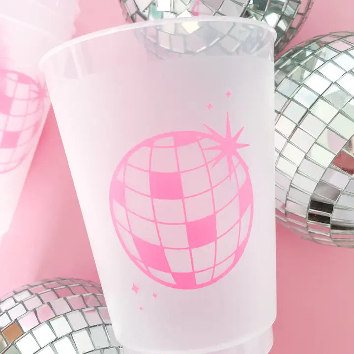 Pink disco ball frosted plastic cup with shiny disco balls for dance party from Parte Haus party supply store in Bethesda Maryland