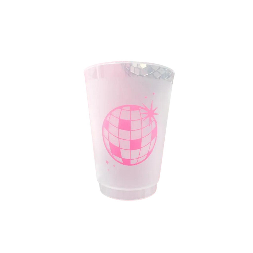 Pink disco ball frosted cup with retro dance theme from Parte Haus party supply store in Bethesda Maryland